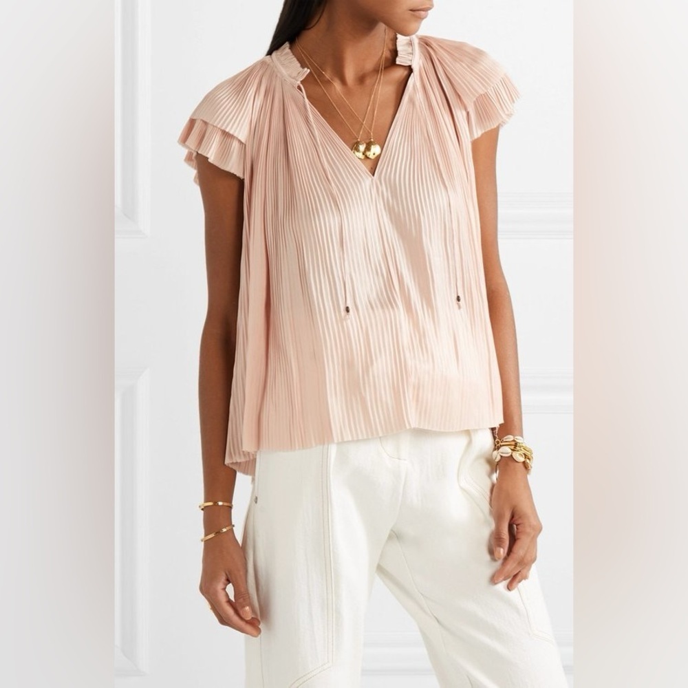 ULLA JOHNSON Sade Blouse Top Peony Pink  Pleated Satin Flutter Sleeve Size 2